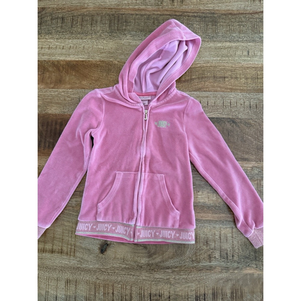 Juicy Couture Girls Pink Velour Full Zip Hoodie Long Sleeve Size 7 Logo